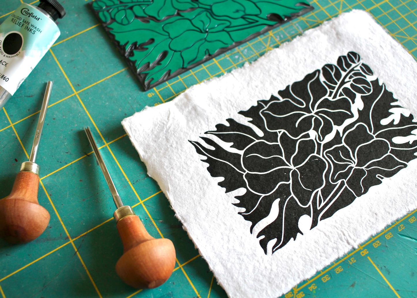 Larkspur Flower Linocut | Handprinted A5 Art Print on Cotton Rag Paper