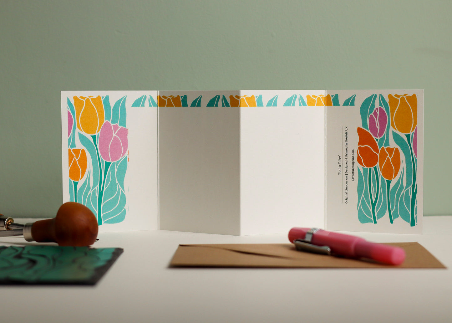 Spring Tulips Linocut Garland Card | Single Card & Envelope