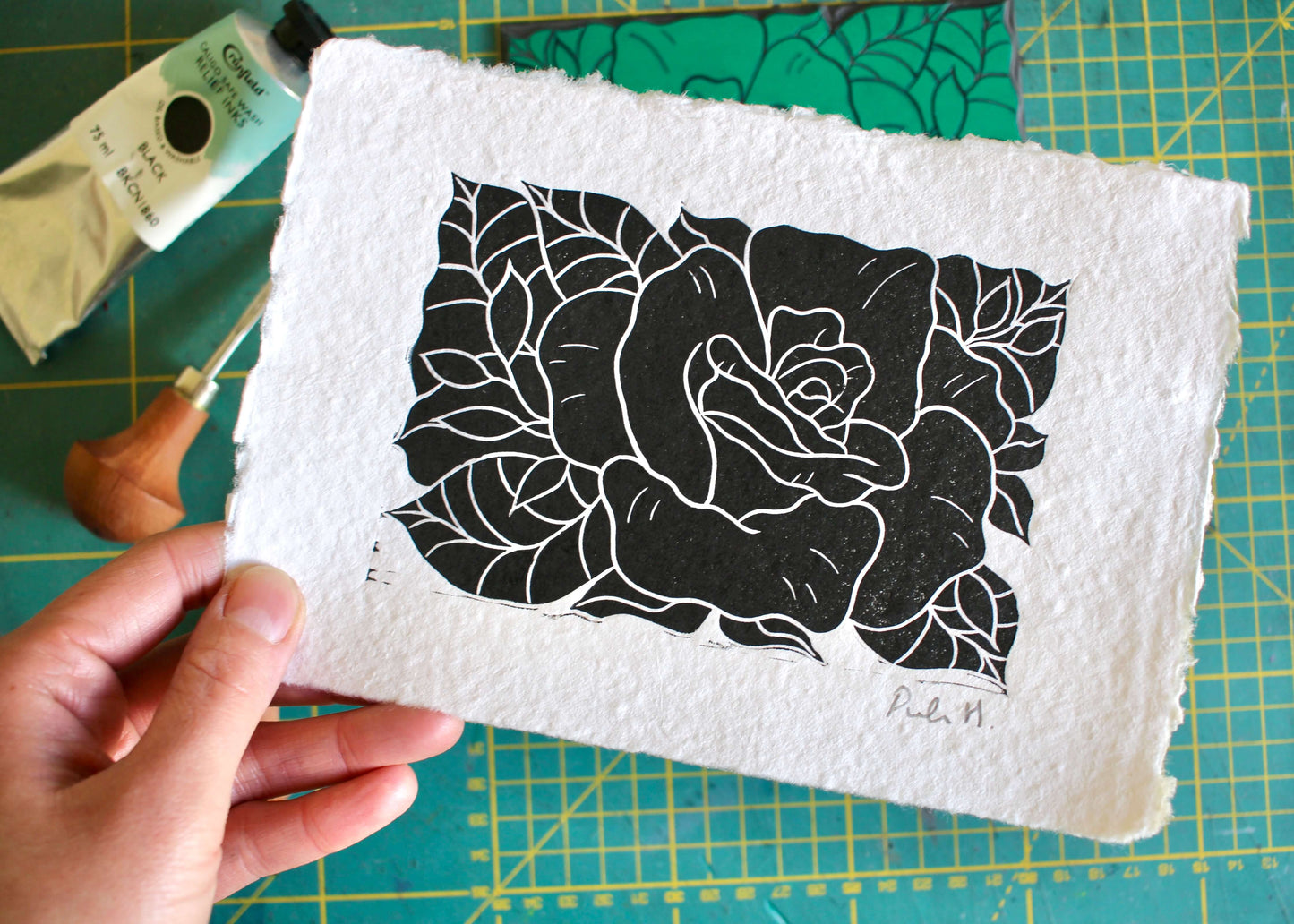 Rose Flower Linocut | Handprinted A5 Art Print on Cotton Rag Paper