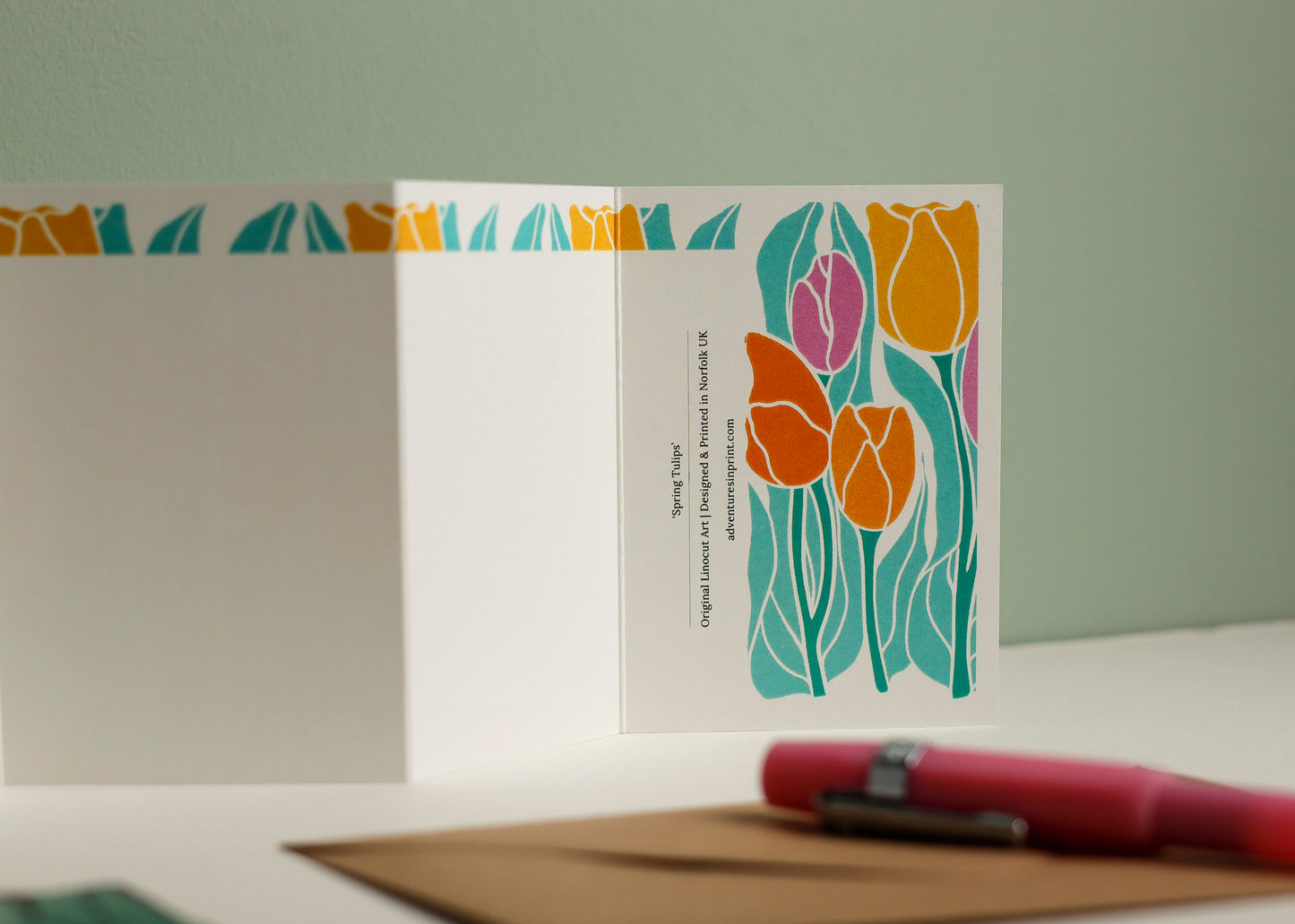 Spring Tulips Linocut Garland Card | Single Card & Envelope