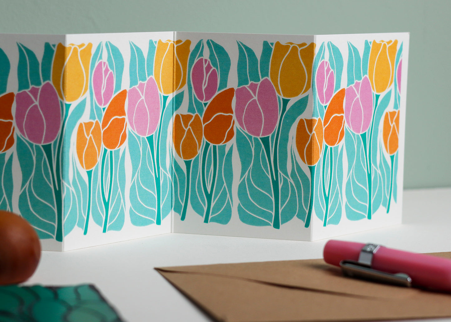 Spring Tulips Linocut Garland Card | Single Card & Envelope