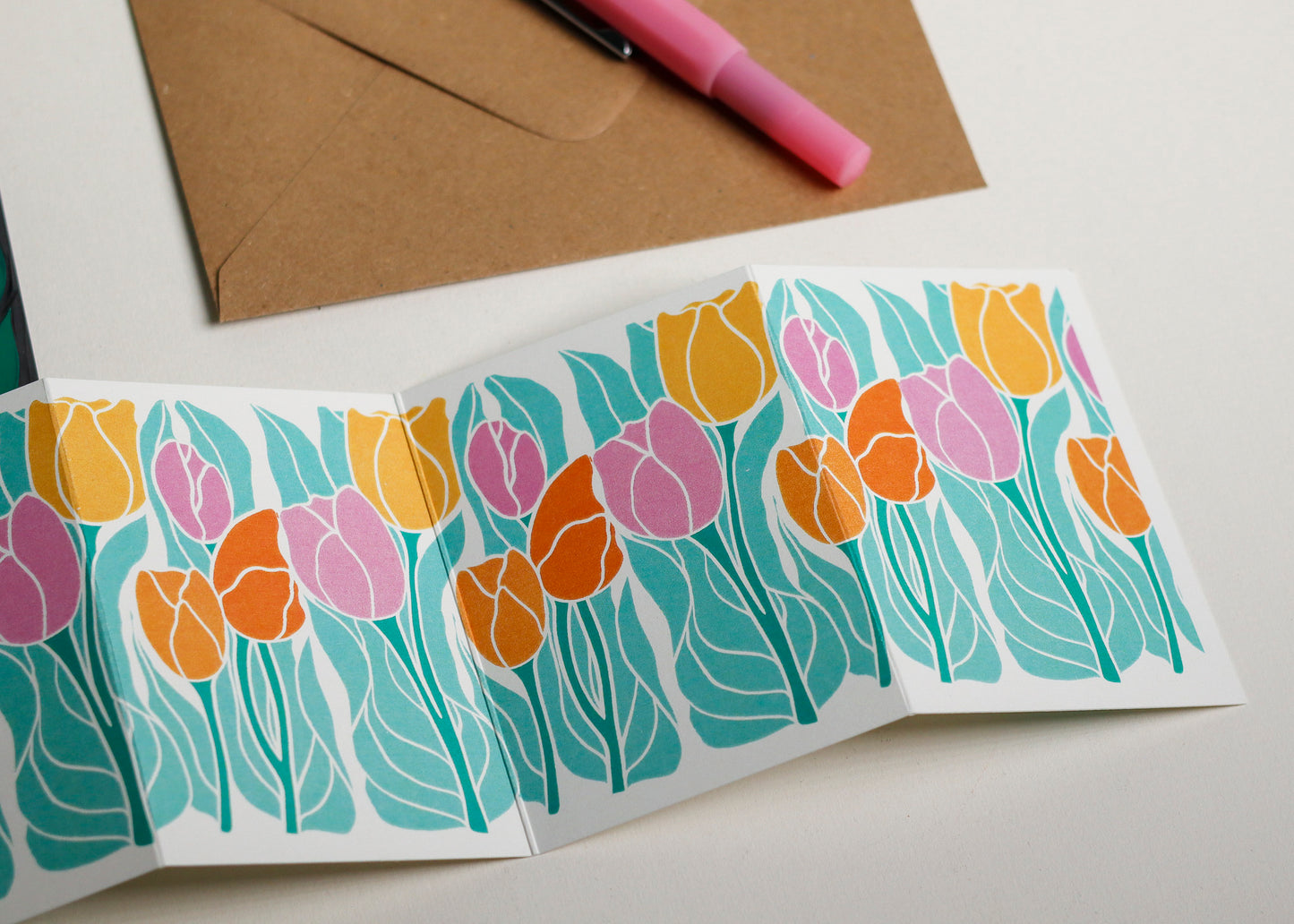 Spring Tulips Linocut Garland Card | Single Card & Envelope
