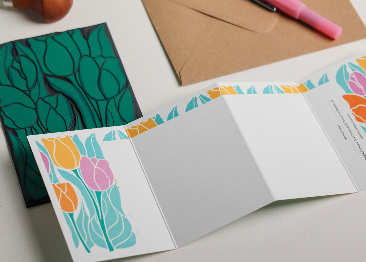 Spring Tulips Linocut Garland Card | Single Card & Envelope