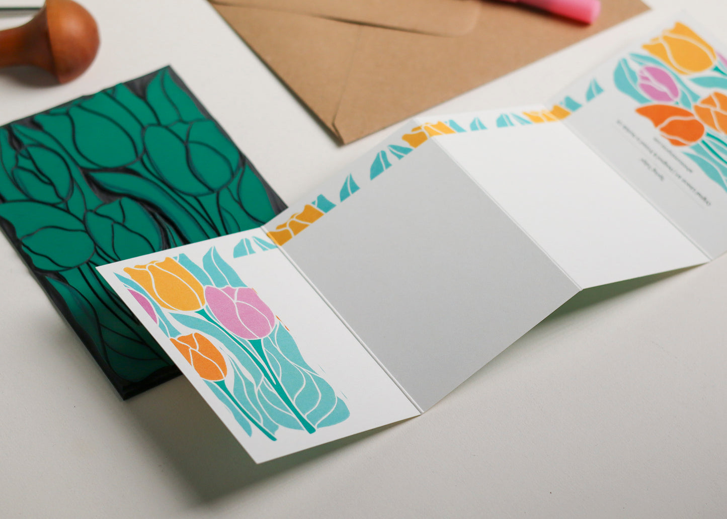 Spring Tulips Linocut Garland Card | Single Card & Envelope