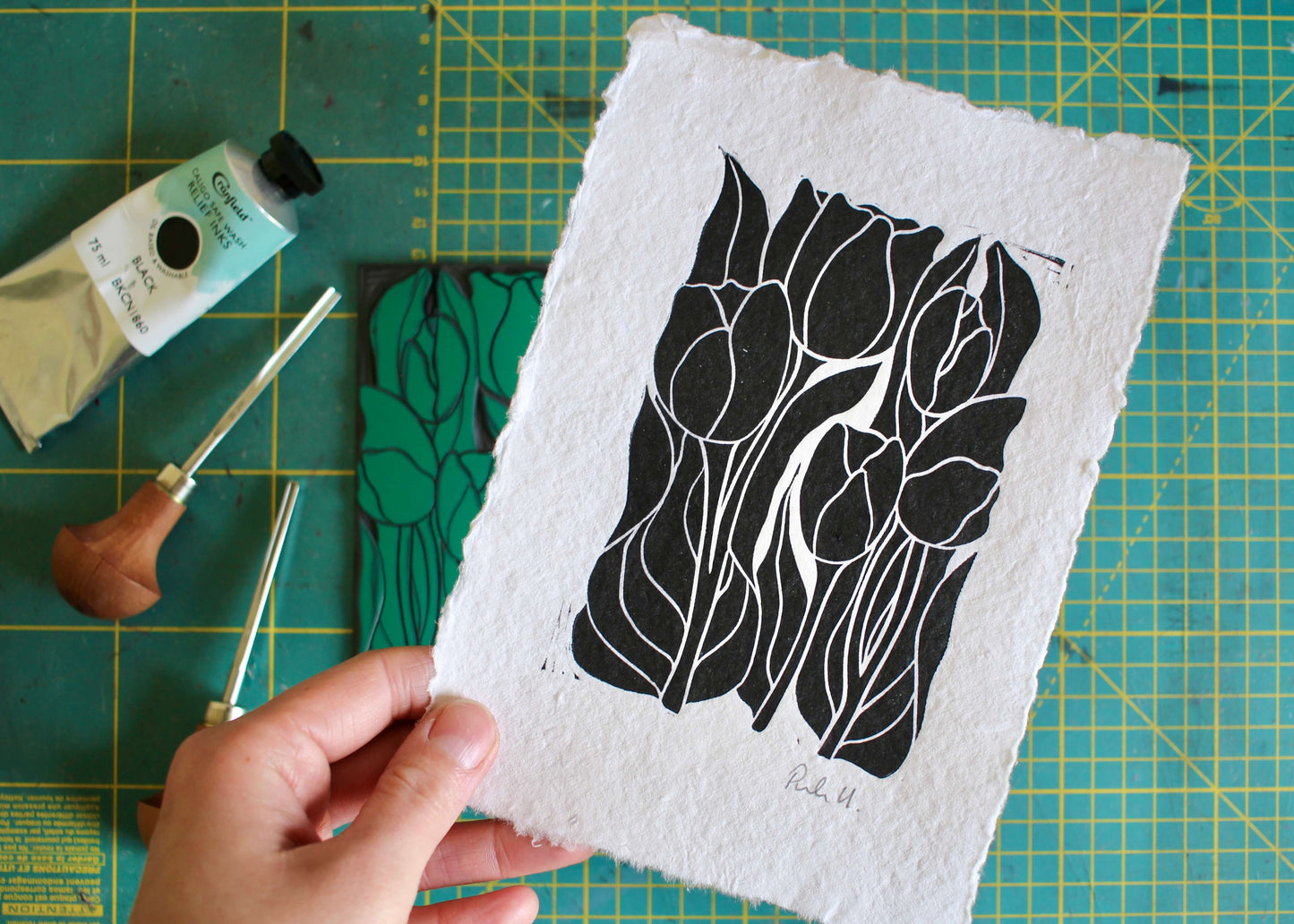 Tulip Flower Linocut | Handprinted A5 Art Print on Cotton Rag Paper