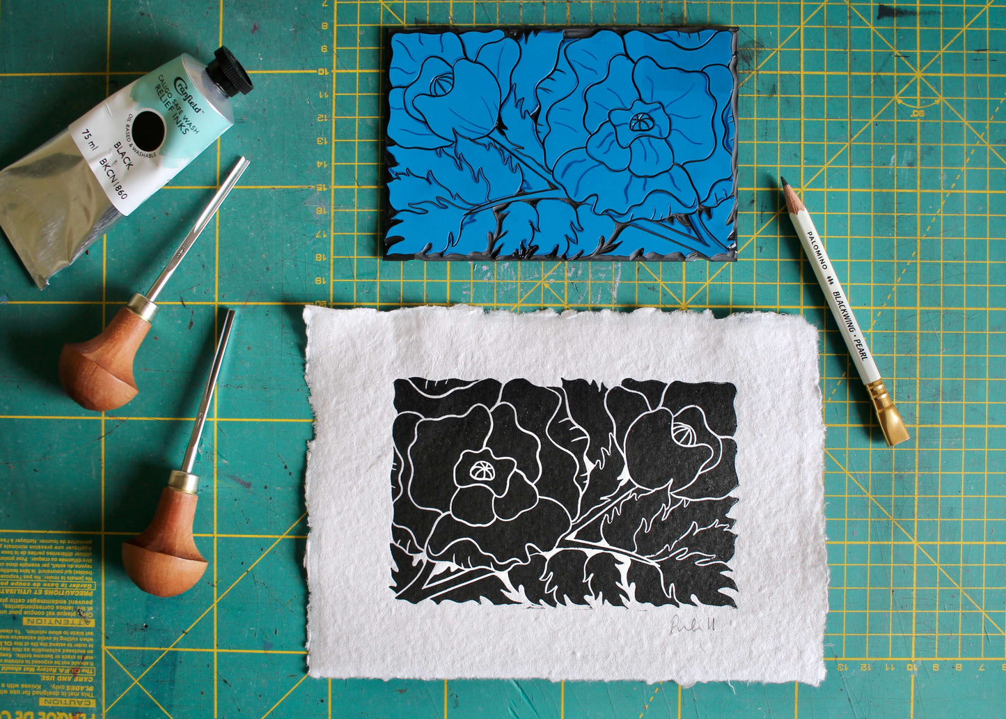 Poppy Flower Linocut | Handprinted A5 Art Print on Cotton Rag Paper