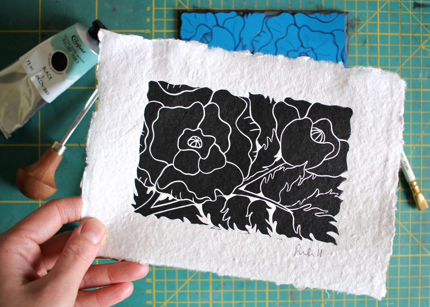 Poppy Flower Linocut | Handprinted A5 Art Print on Cotton Rag Paper