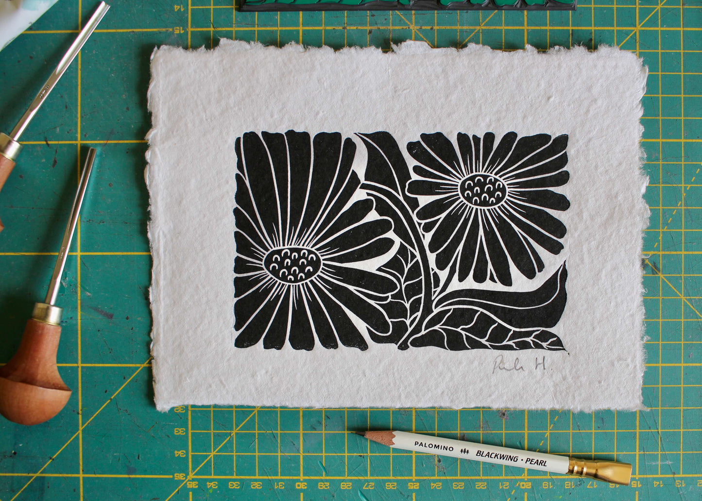 Garden Daisy Flower Linocut | Handprinted A5 Art Print on Cotton Rag Paper