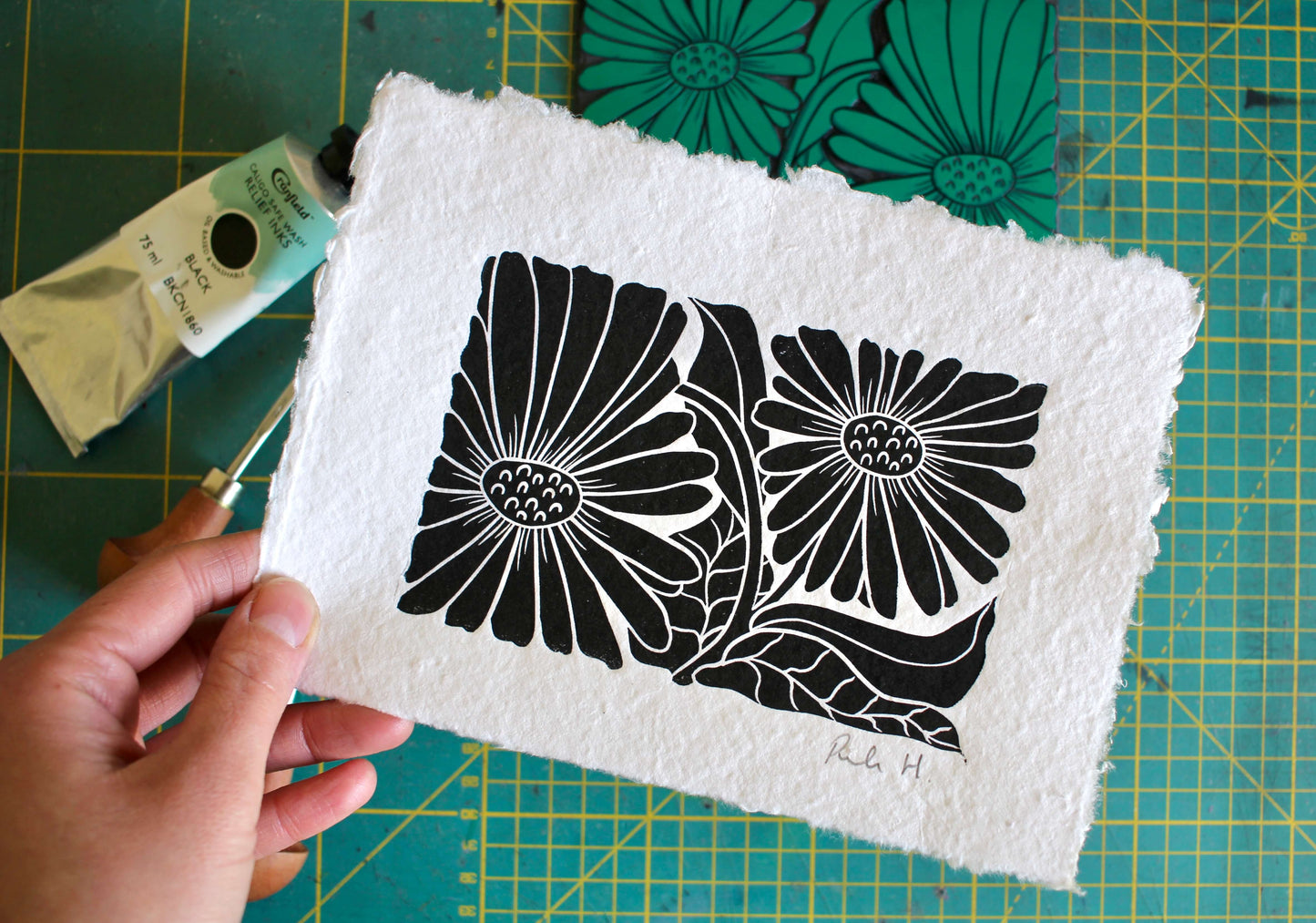 Garden Daisy Flower Linocut | Handprinted A5 Art Print on Cotton Rag Paper