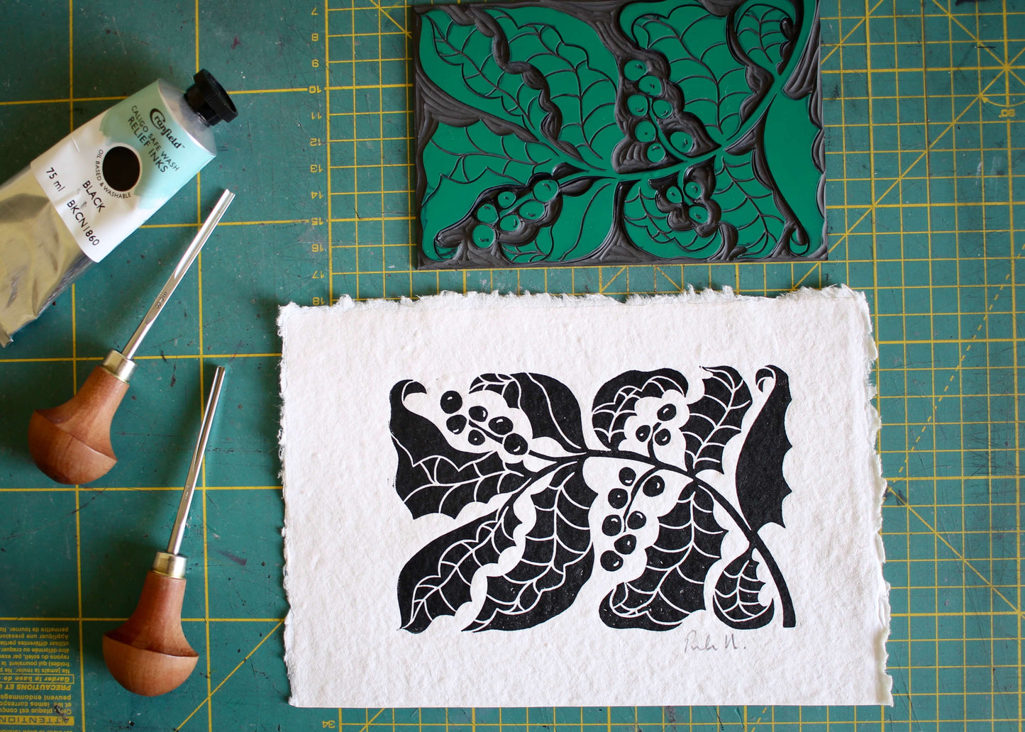 Hand Printed Holly Linocut on Cotton Rag Paper