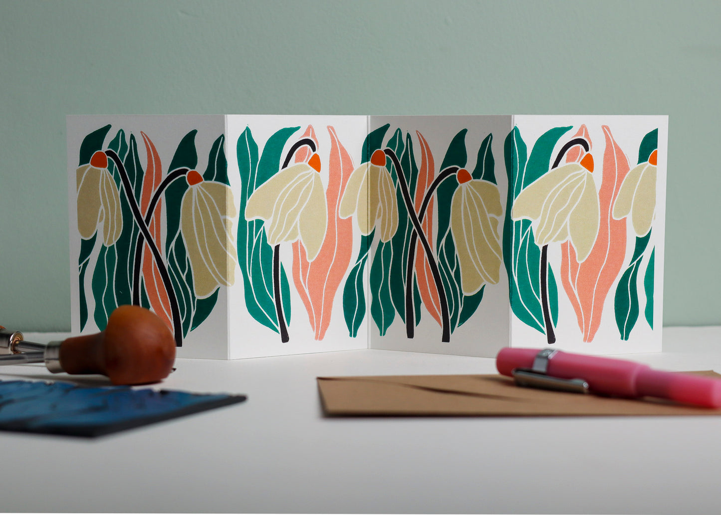 Snowdrop Linocut Garland Card (January birth flower) | Single Card & Envelope