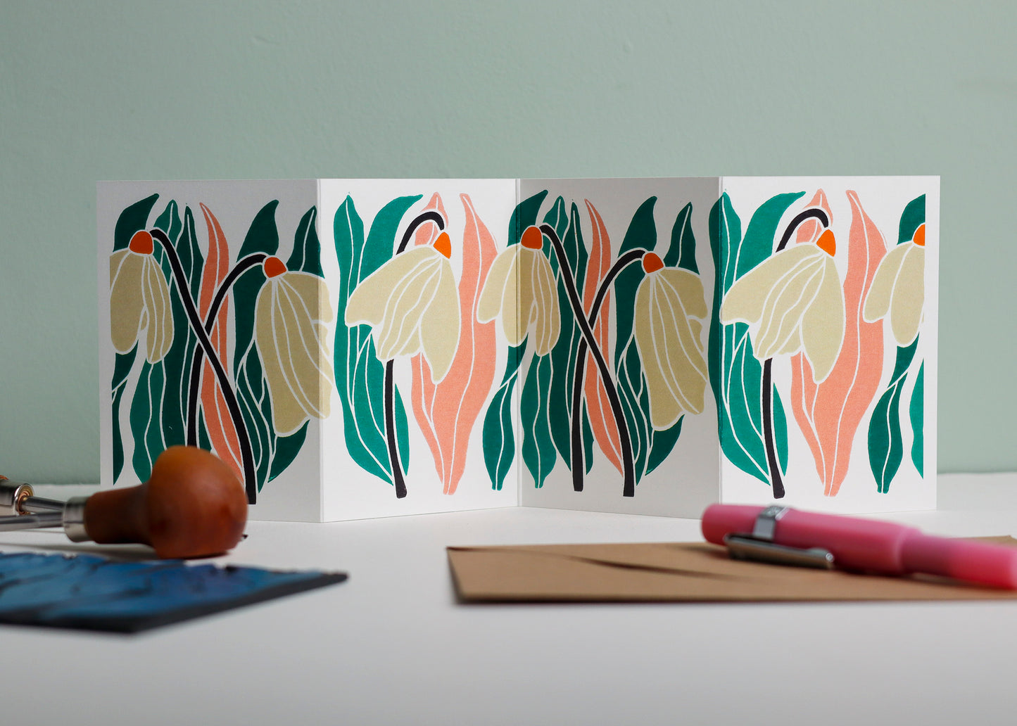 Snowdrop Linocut Garland Card (January birth flower) | Single Card & Envelope