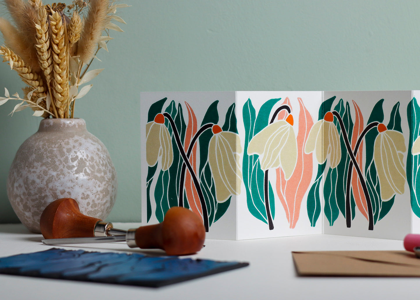 Snowdrop Linocut Garland Card (January birth flower) | Single Card & Envelope
