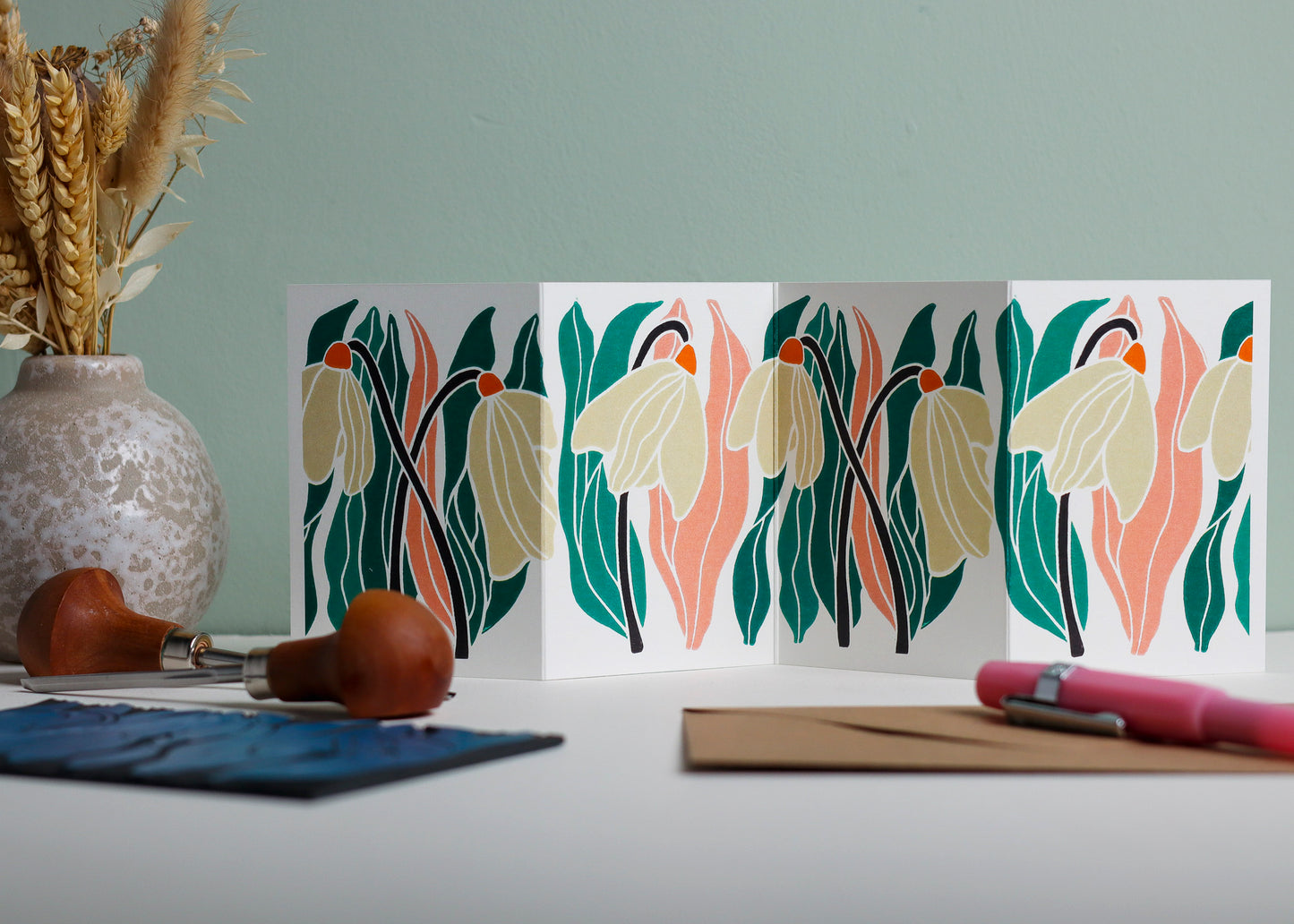 Snowdrop Linocut Garland Card (January birth flower) | Single Card & Envelope