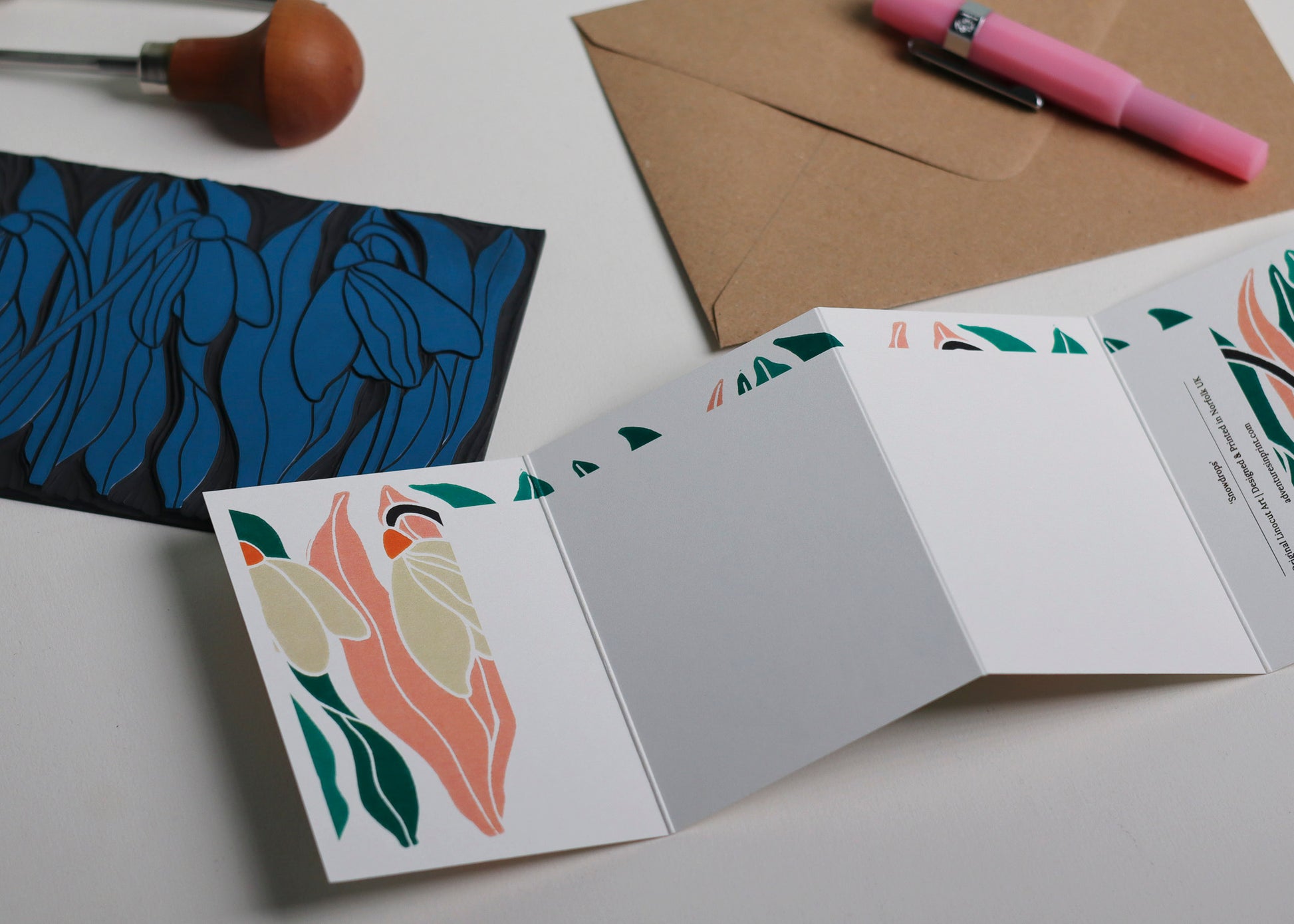 Reverse side of snowdrop Garland card showing blank writing space. Hand-carved botanical design continues on back of concertina card, 300gsm recycled FSC certified cardstock, room for personal message.