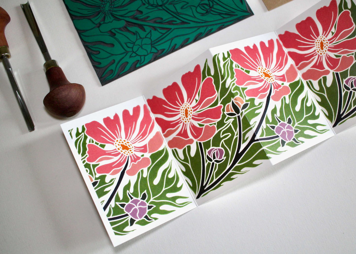 Cosmos Floral Linocut Concertina Card | Single Card with Envelope