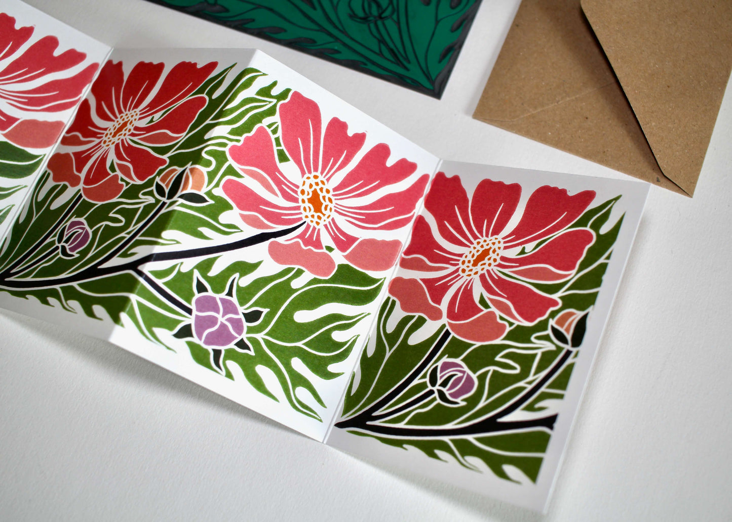 Cosmos Floral Linocut Concertina Card | Single Card with Envelope