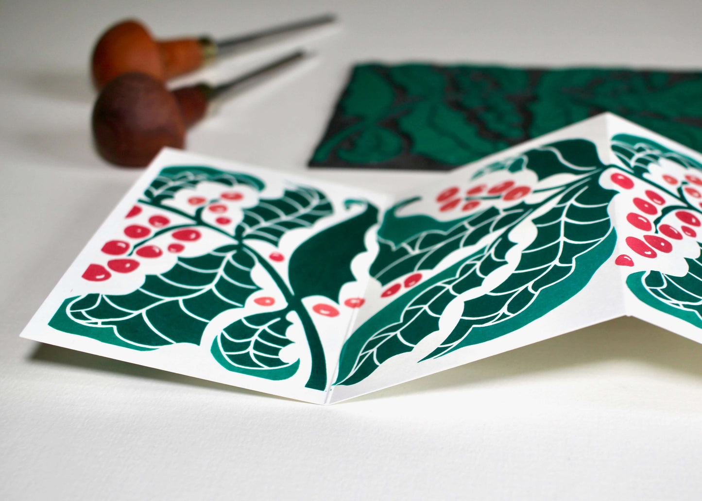 Holly Linocut Concertina Card - Single Card & Envelope