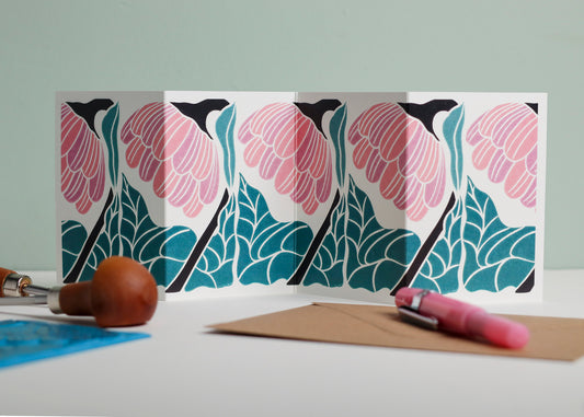 Reflection botanical Garland card shown fully extended (105 x 297mm), displaying complete hand-carved linocut design. Modern cottagecore flower portrait, perfect for mantlepiece display.