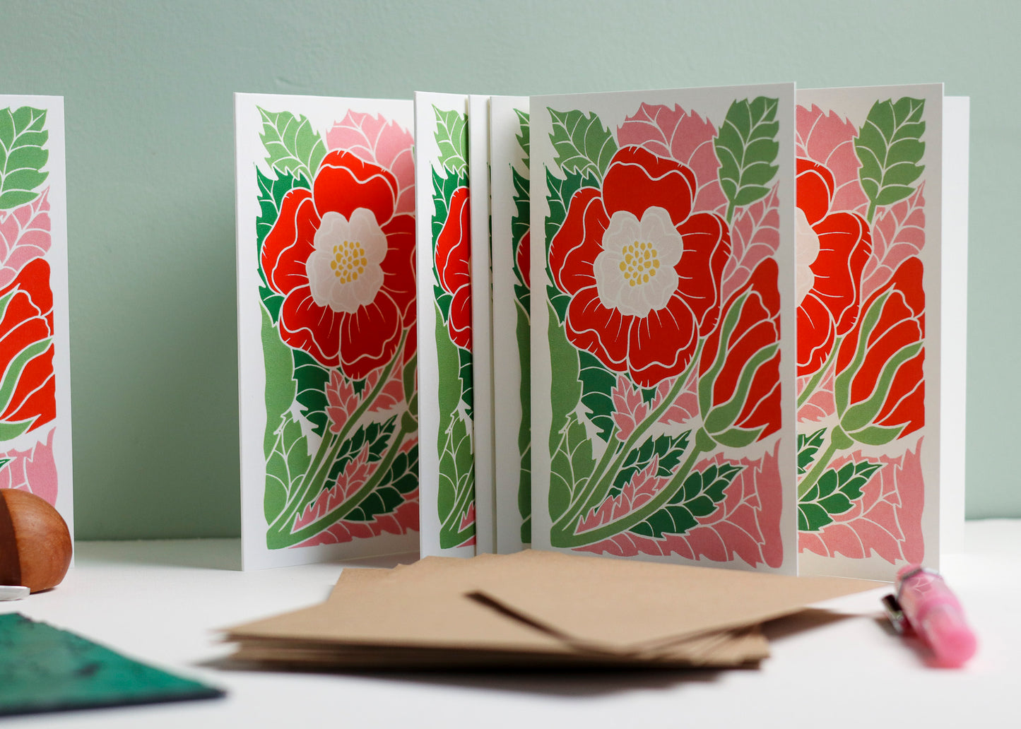National flower of England, the Tudor rose reimagined through a colourful linocut design and carefully printed on to high quality notecards.