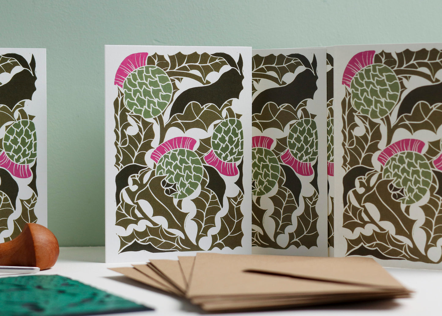 Scottish Thistles notecard set with recycled kraft envelopes. Eight A6 hand-carved botanical greeting cards and matching envelopes, eco-friendly stationery perfect for thank you notes and correspondence. British flora design