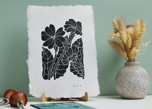 Primroses in Spring Linocut | Handprinted A5 Art Print on Cotton Rag Paper