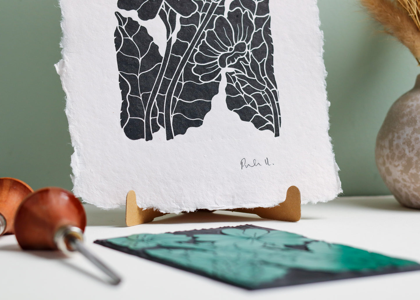 Primroses in Spring Linocut | Handprinted A5 Art Print on Cotton Rag Paper