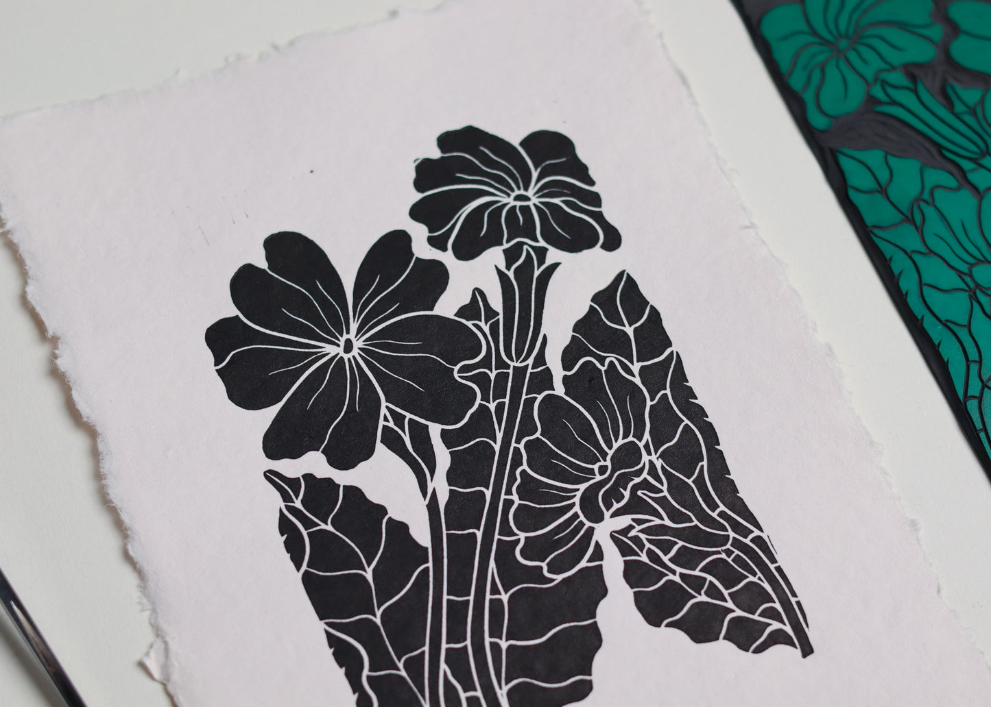Primroses in Spring Linocut | Handprinted A5 Art Print on Cotton Rag Paper