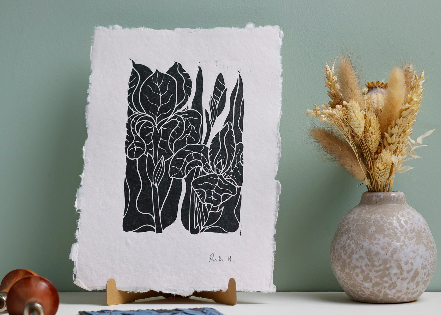 Iris in the Garden Linocut | Handprinted A5 Art Print on Cotton Rag Paper