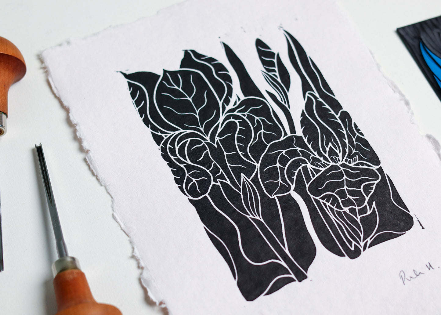 Iris in the Garden Linocut | Handprinted A5 Art Print on Cotton Rag Paper