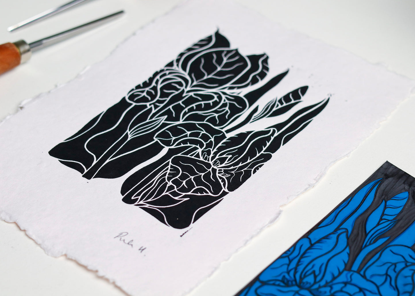 Iris in the Garden Linocut | Handprinted A5 Art Print on Cotton Rag Paper