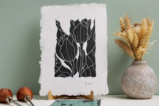 Tulips in the Border Linocut | Handprinted A5 Art Print on Cotton Rag Paper