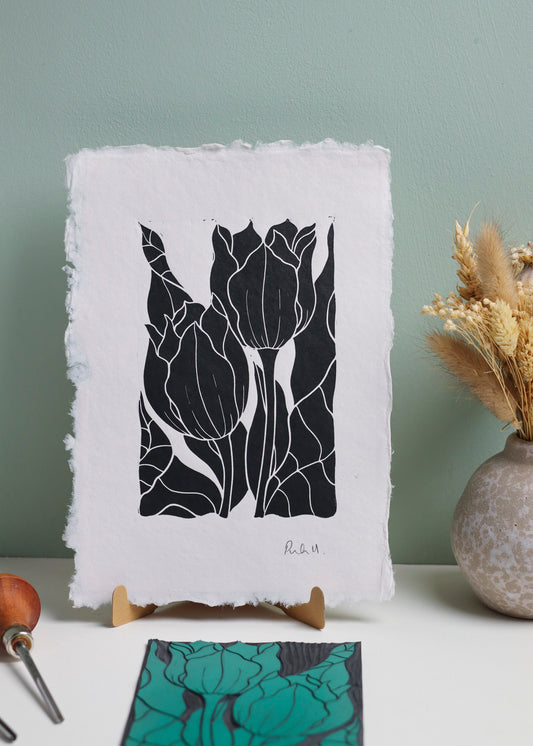 Tulips in the Border Linocut | Handprinted A5 Art Print on Cotton Rag Paper