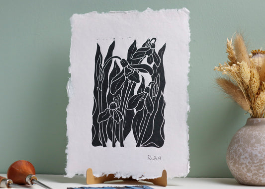 Snowdrops in the Garden Linocut | Handprinted A5 Art Print on Cotton Rag Paper