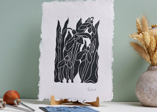 Snowdrops in the Garden Linocut | Handprinted A5 Art Print on Cotton Rag Paper