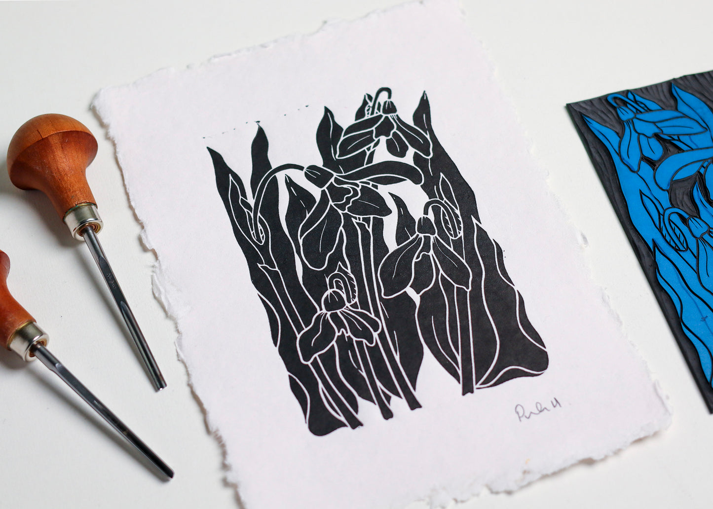 Snowdrops in the Garden Linocut | Handprinted A5 Art Print on Cotton Rag Paper