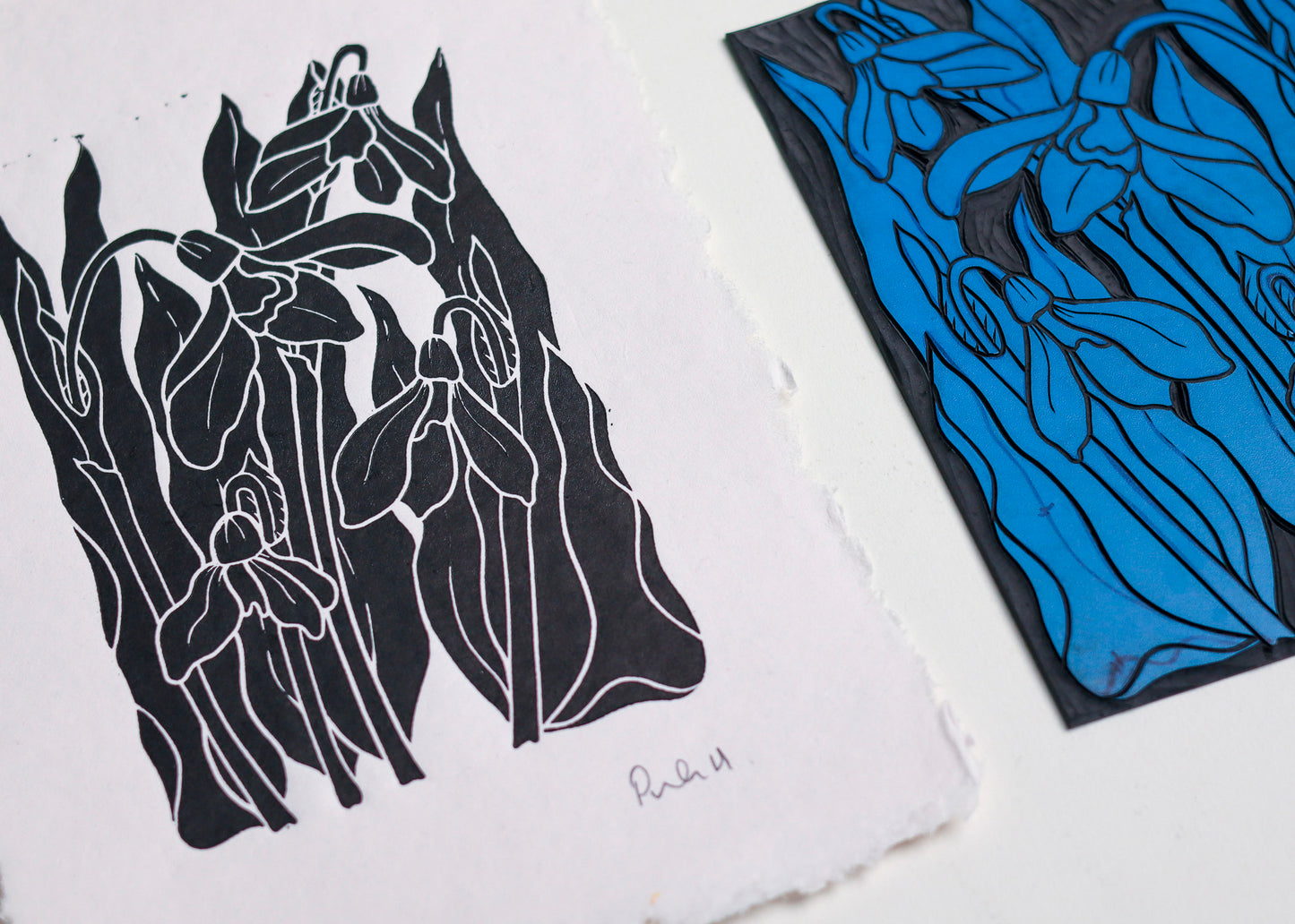 Snowdrops in the Garden Linocut | Handprinted A5 Art Print on Cotton Rag Paper