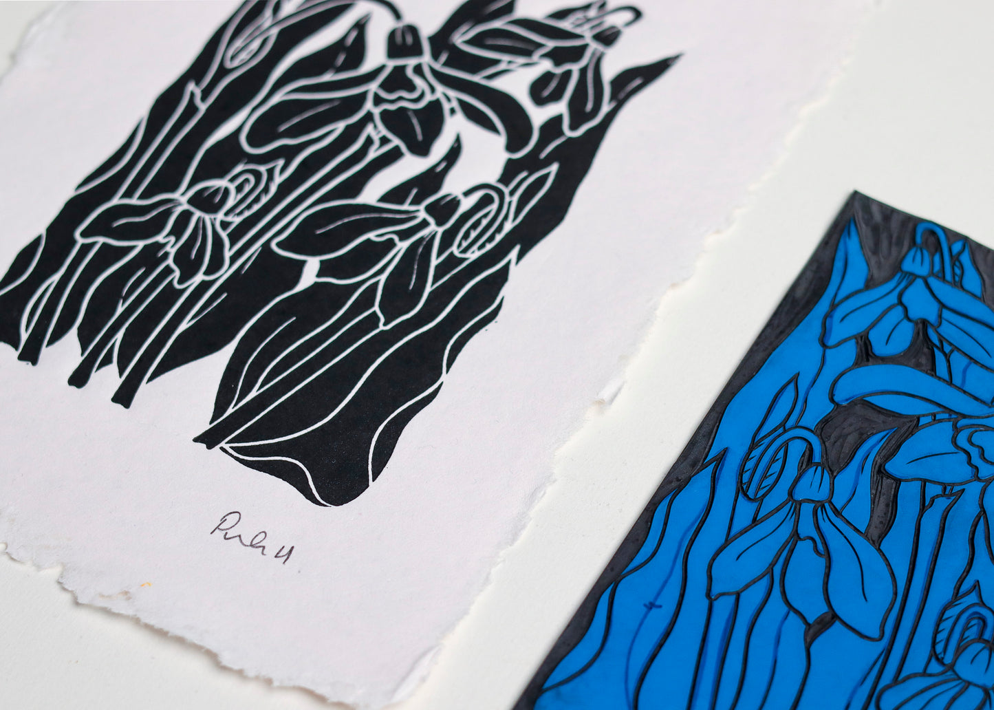 Snowdrops in the Garden Linocut | Handprinted A5 Art Print on Cotton Rag Paper