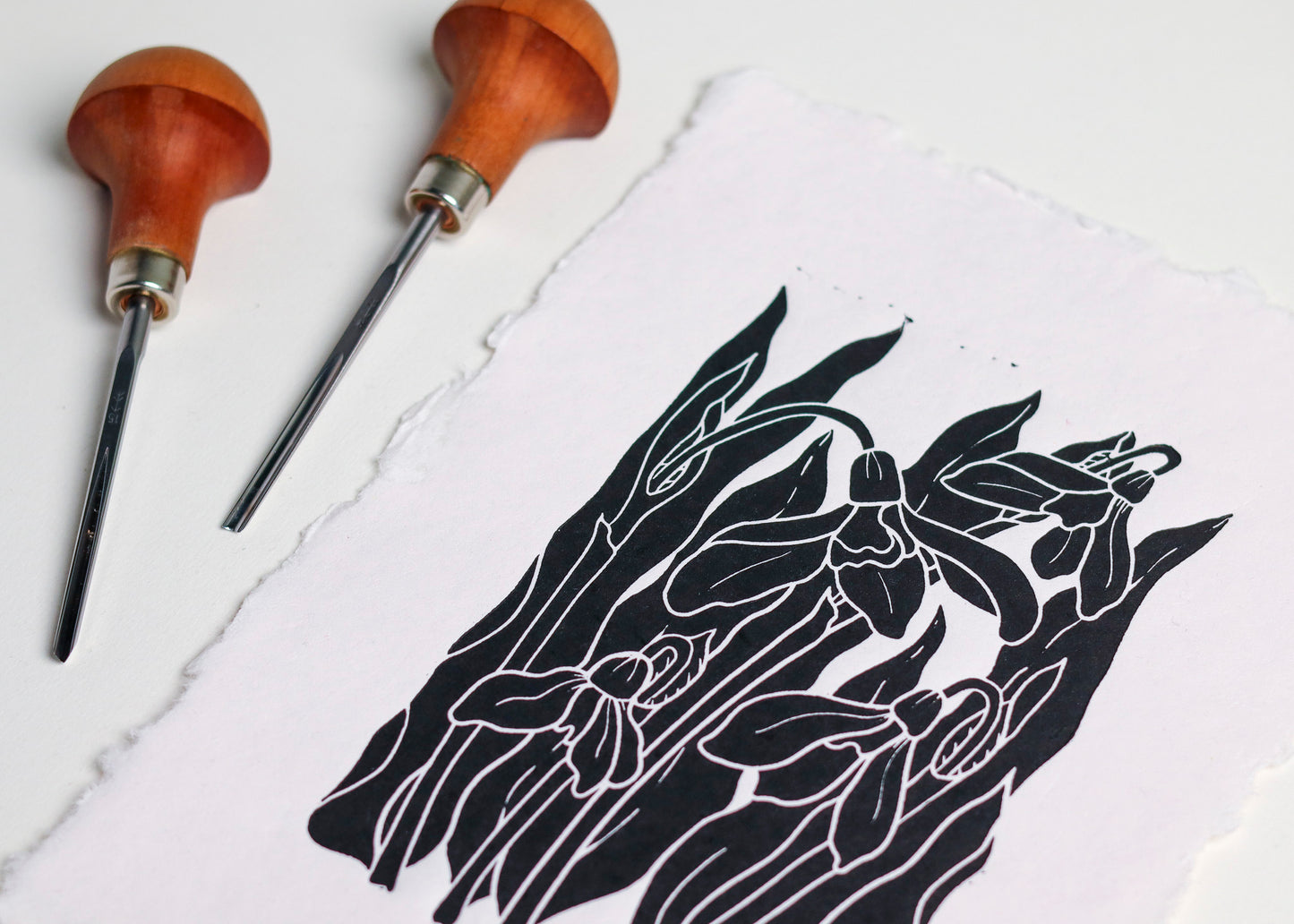 Snowdrops in the Garden Linocut | Handprinted A5 Art Print on Cotton Rag Paper