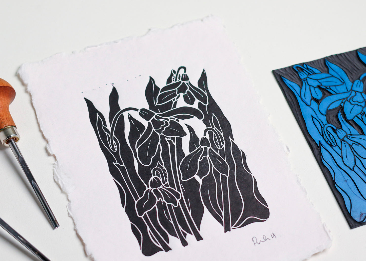 Snowdrops in the Garden Linocut | Handprinted A5 Art Print on Cotton Rag Paper