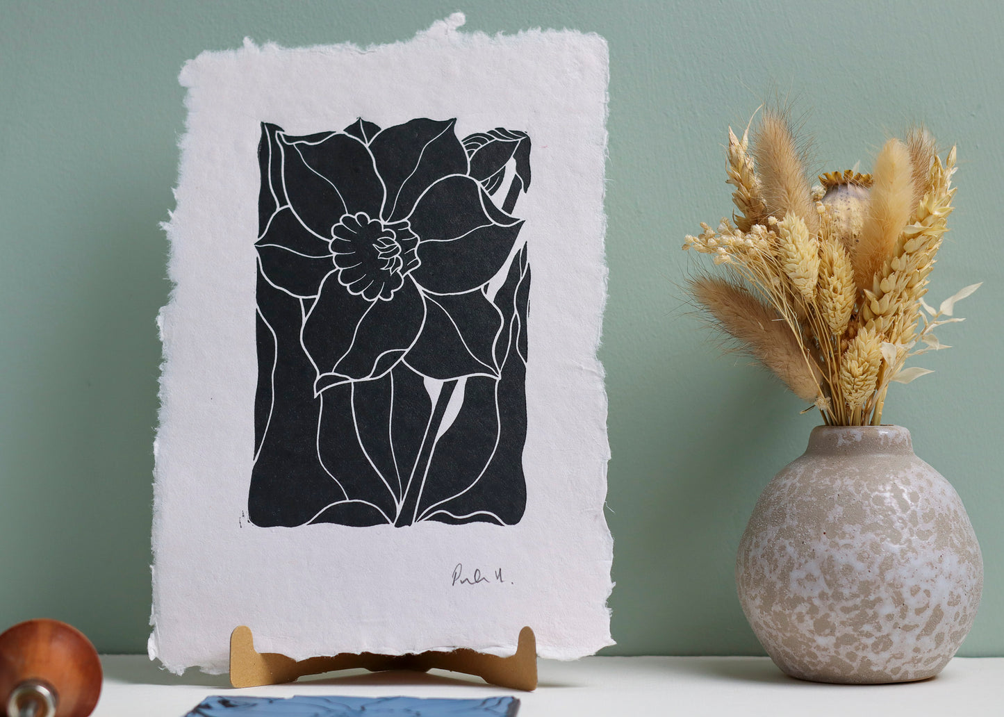 Dancing Daffodil Linocut | Handprinted A5 Art Print on Cotton Rag Paper