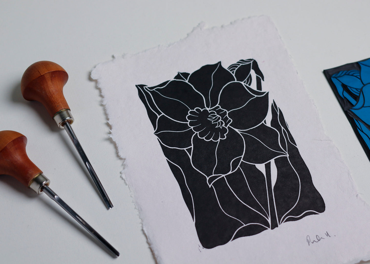 Dancing Daffodil Linocut | Handprinted A5 Art Print on Cotton Rag Paper