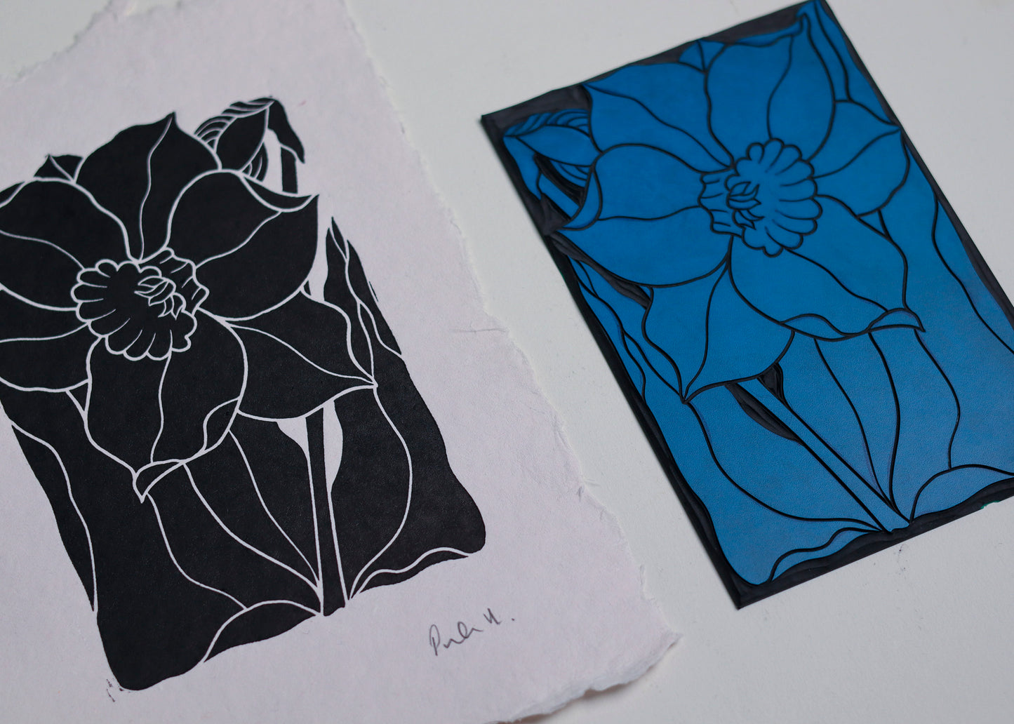 Dancing Daffodil Linocut | Handprinted A5 Art Print on Cotton Rag Paper
