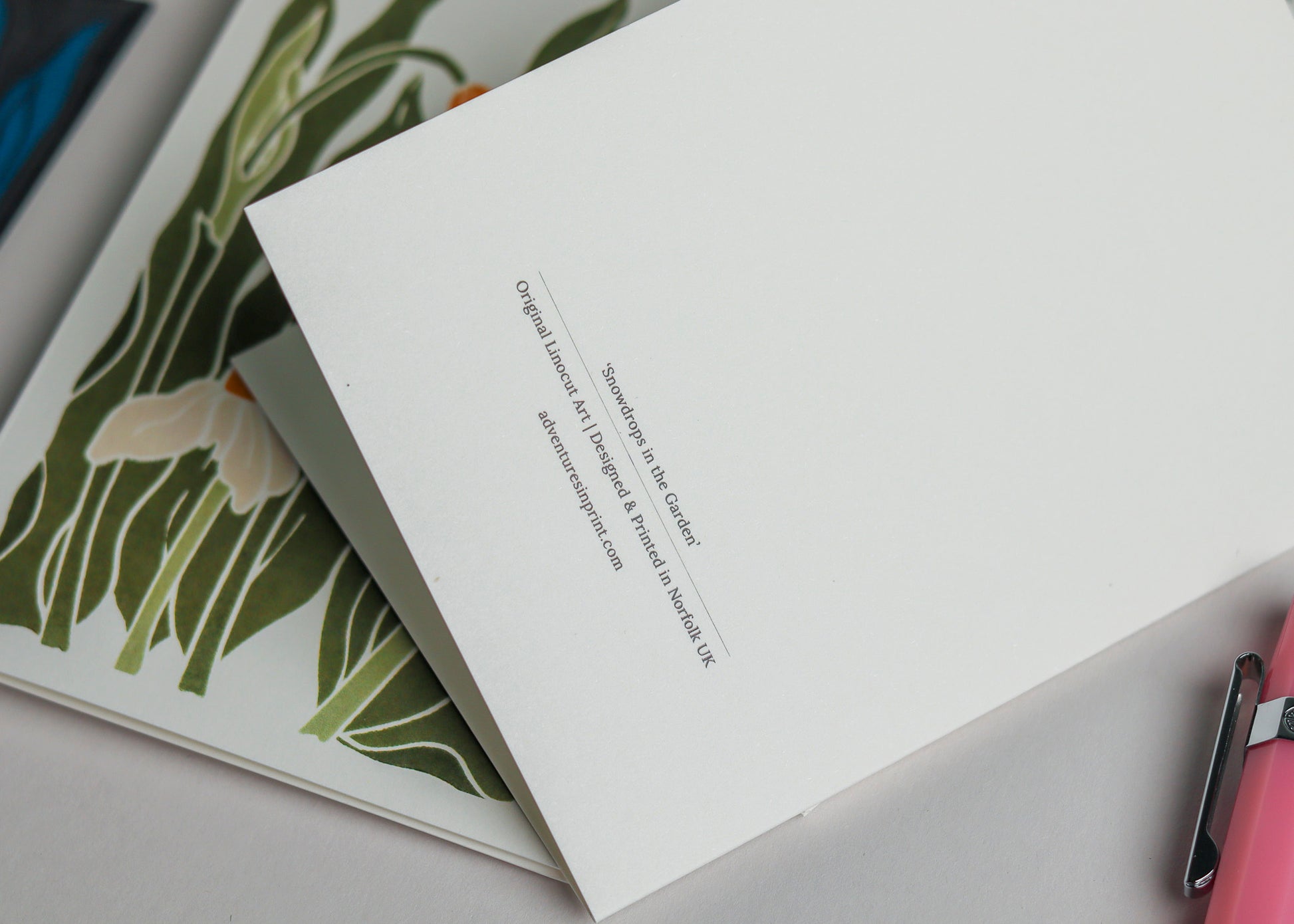 Reverse of linocut snowdrop notecards, blank inside and small batch printed in the UK on recycled card