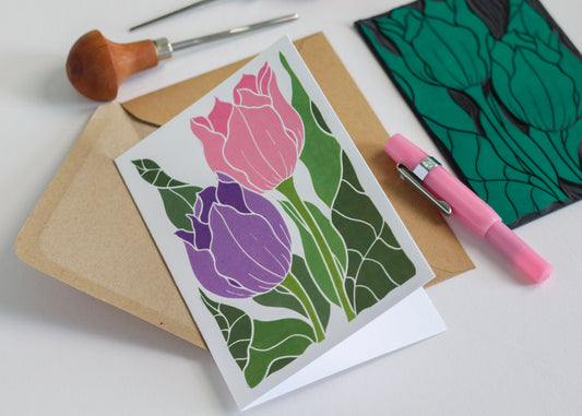 Tulips in the Border Luxury Cotton Card | Single Card & Envelope