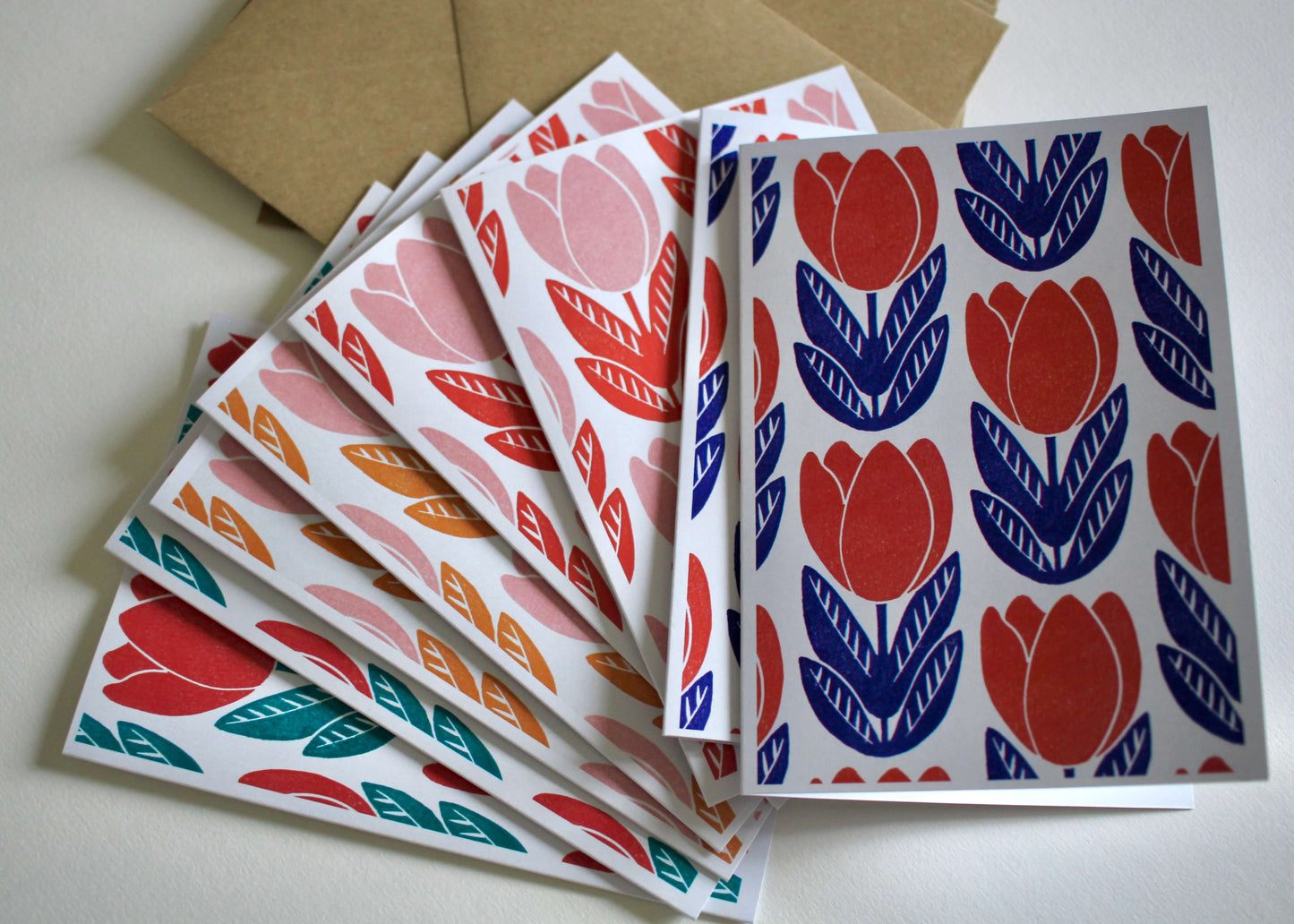 Tulip Block Print Pattern Notecards - Set of 8 Cards & Envelopes