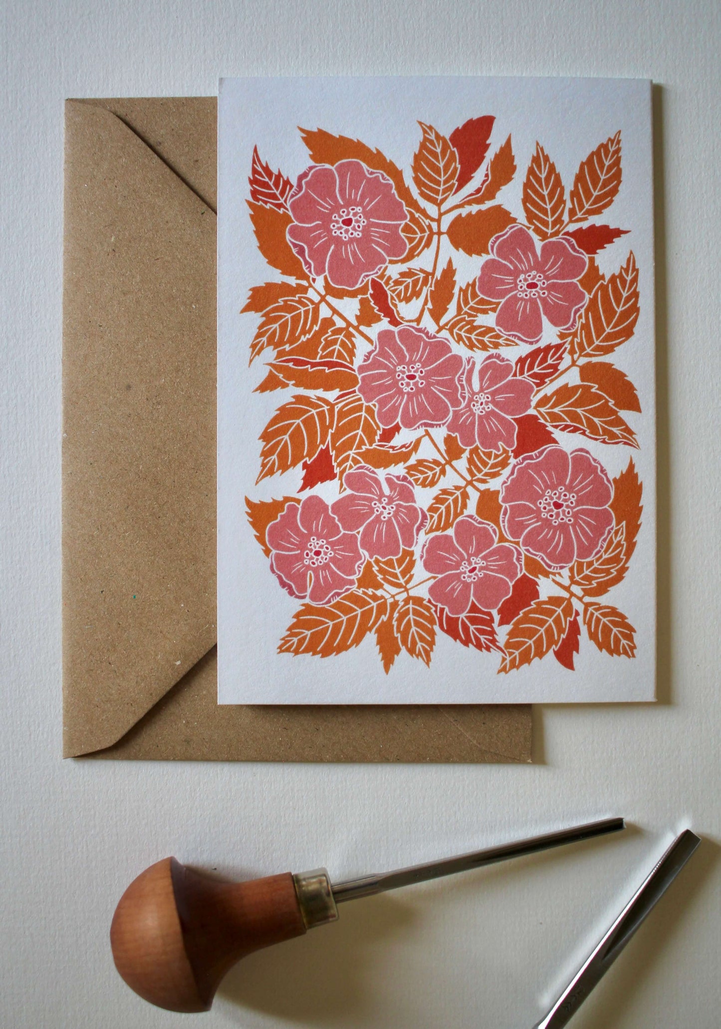 Summer Evenings Linocut Dog Rose Card - Single