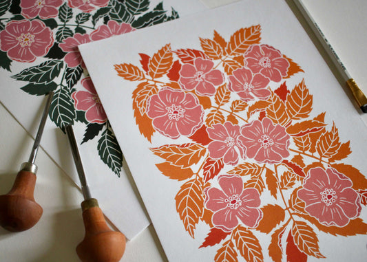 Summer Evenings Dog Rose Linocut Art Print | A4 Art Print on Cotton Paper