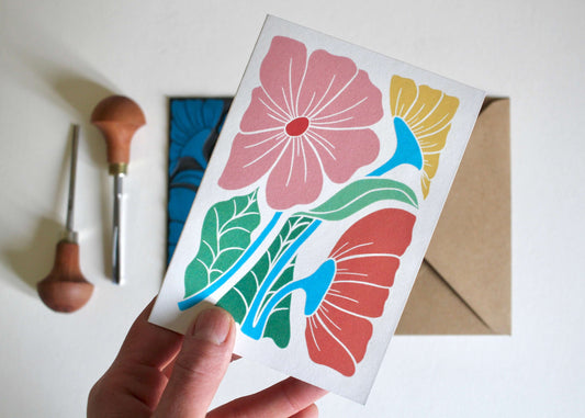Linocut Bright & Beautiful Floral Greeting Card - Single Card and Envelope / Lino Print Flower Greeting Card / Happy, colourful flowers card