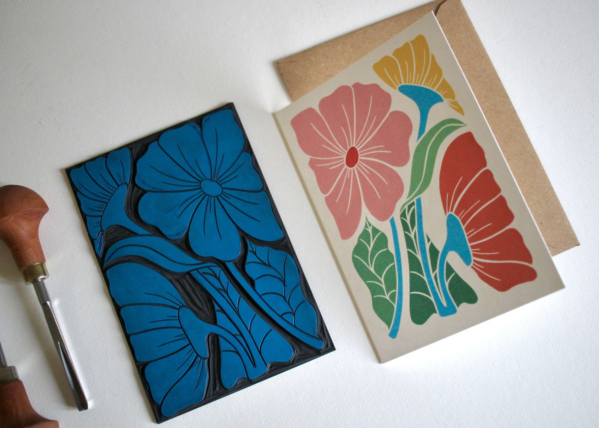 Linocut Bright & Beautiful Floral Greeting Card - Single Card and Envelope / Lino Print Flower Greeting Card / Happy, colourful flowers card